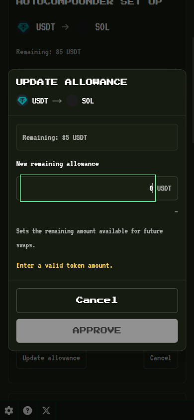 Allowance dialog rejects zero and keeps Approve disabled