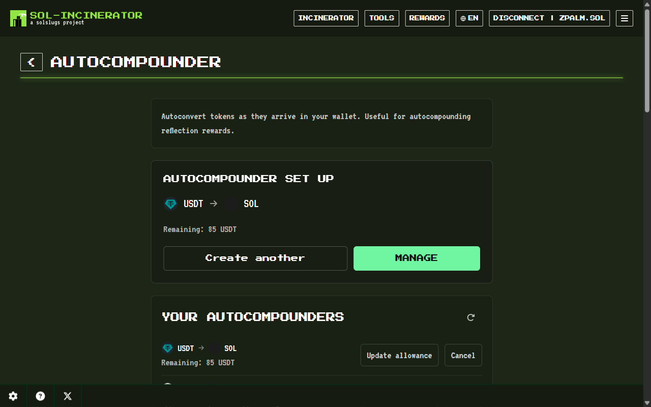 Configured Autocompounder with Create another and Manage actions